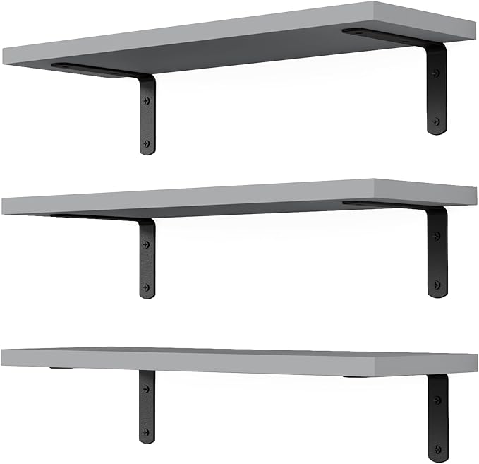 Floating Shelves, 3 Sets Wall Wooden Shelves for Décor, Mounted Bathroom Shelf Storage, Book Wall, Bedroom, Living Room – Grey, HM02