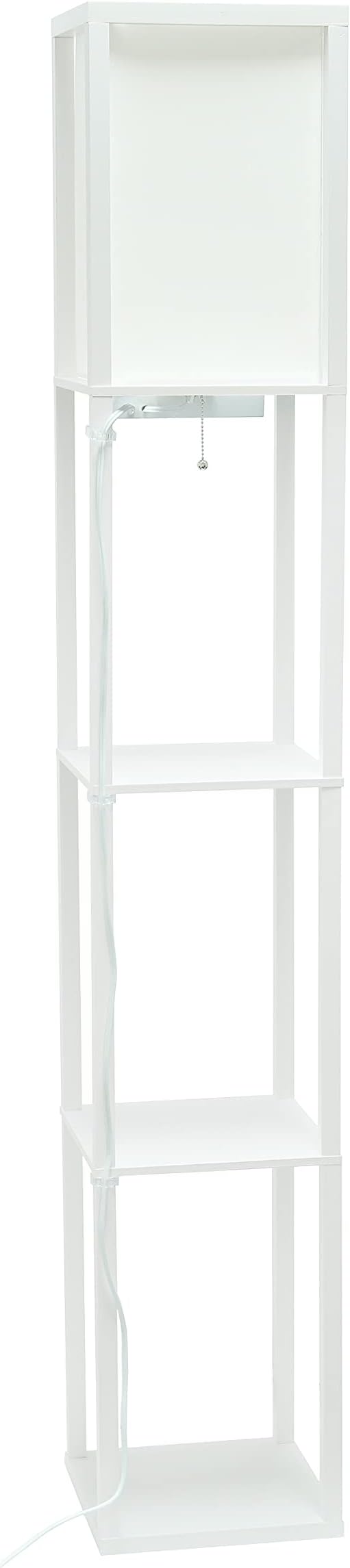 Simple Designs LF1037-WHT Floor Lamp Etagere Organizer Storage Shelf with 2 USB Charging Ports, 1 Charging Outlet and Linen Shade, White