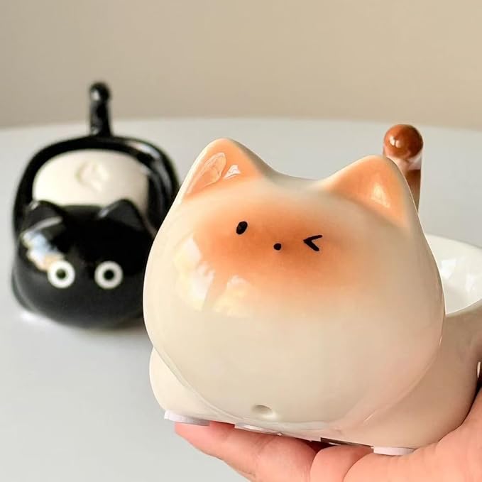 Bar Soap Holder, Cute Ceramic Cat Soap Dish - Self Draining - Small Shower Bar Soap Holder for Soap Bar Holder for Shower, Dish Soap Holder, Soap Dish for Shower (Black)