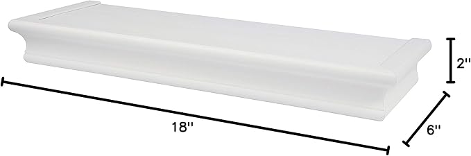 HIGH & MIGHTY 515654 Decorative 18" Floating Shelf Holds up to 15lbs, Easy Tool-Free Dry Wall Installation, Beveled, eCommerce Packaging, White