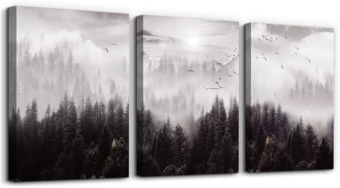 Canvas Wall Art - Boho Wall Decor for Living Room, Bedroom & Office - Foggy Forest Trees Scenery - Farmhouse Large Size 3 Piece