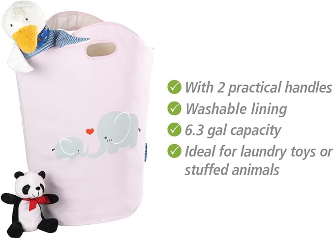 WENKO Kids Laundry Hamper, Baby Hamper for Nursery, Baby Basket for Dirty Clothes, Elephant Nursery Hamper, Toy Basket with Handles, Pink Laundry Bin, 15.7 x 20.5 x 7.9 inch