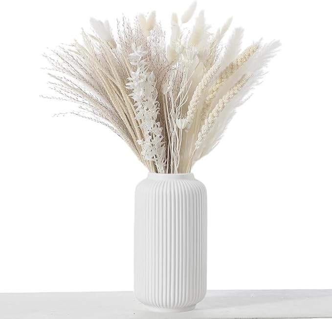 10 Inch Tall Glossy White Ceramic Ribbed Vase for Flowers & Pampas Grass, Simple Modern Decorative Vases for Home Decor Table Centerpieces