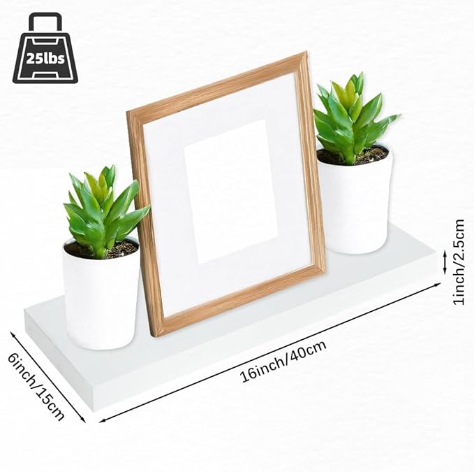 Floating Shelves for Wall, 16*6*1inch Wood Wall Mounted Shelves for Room Decor, Repisas Flotantes for Book Bathroom Bedroom Storage, Renter Friendly Shelves with Invisible Brackets (White)