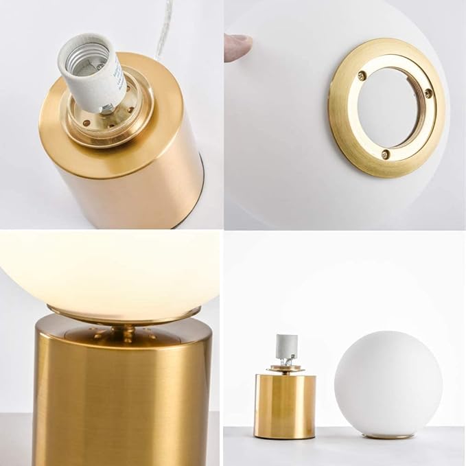 11 Inch Modern Gold Globe Table Desk Lamp,Vintage Mid Century Round Table Lamp with White Glass Shade Metal Base for Bedroom Bedside Lamp Living Room End Table