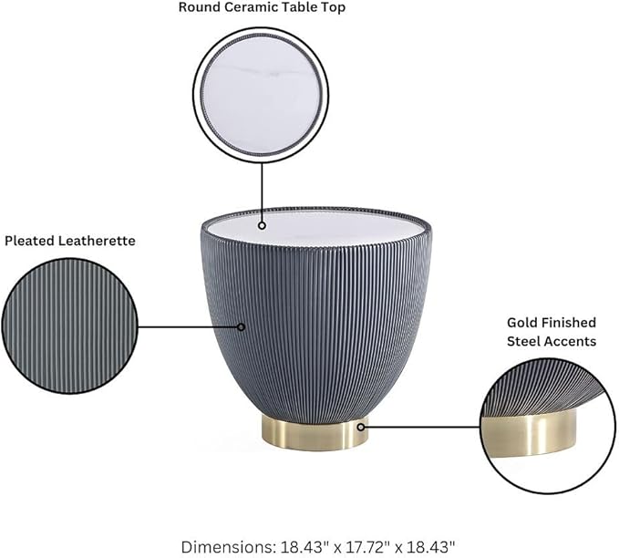 Manhattan Comfort Anderson Modern 18" Round End Table 2.0 | Ceramic Marble Tabletop, Elegant Pleated Leatherette Design & Gold Stainless Steel Base, Fully Assembled Accent Furniture, Set of 2, Grey