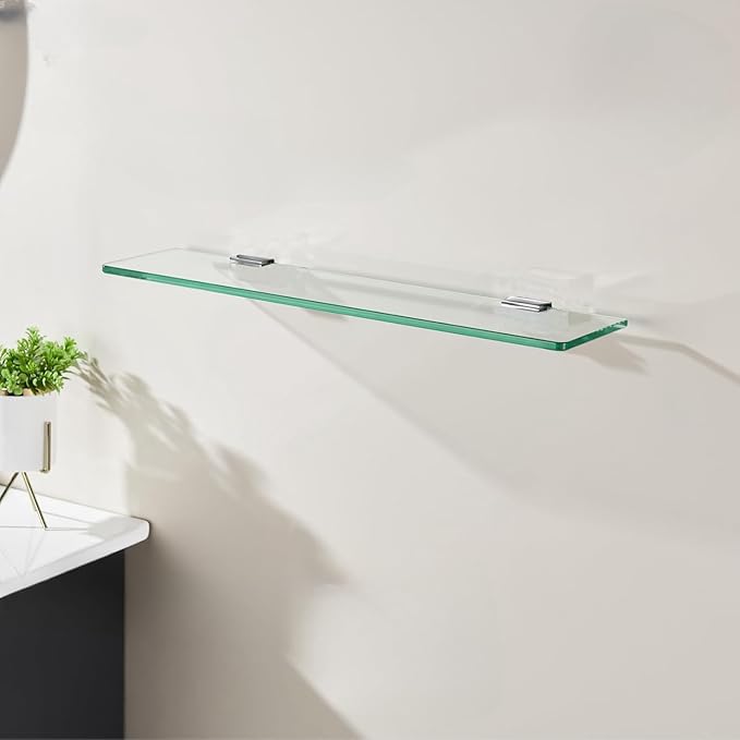 Glass Bathroom Shelf Wall Mounted 9.84 inches Tempered Glass Stainless Steel Tempered Transparent Glass with Chrome Bracket for Bathroom Bedroom Kitchen Balcony