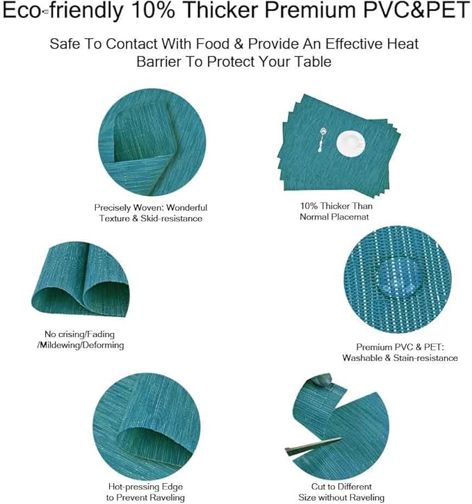 GIVERARE Placemats Set of 4, Heat-Resistant Woven Vinyl Placemat, Non-Slip Washable PVC Table Mat, Easy to Clean Premium Plastic Mats for Dining, Kitchen Table (Turquoise)