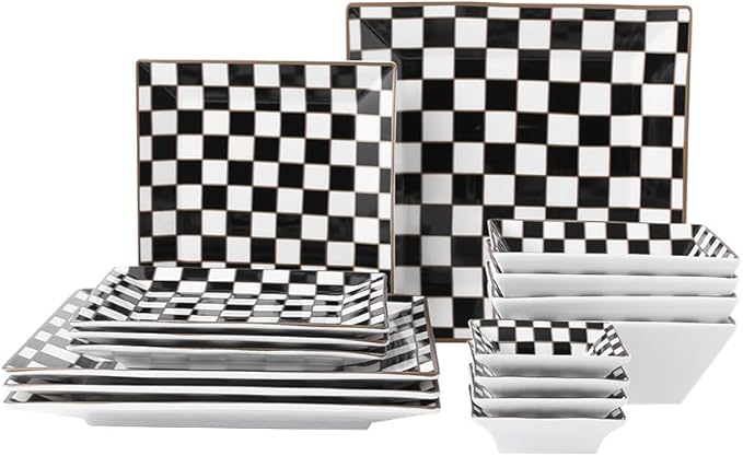 Porlien Checker Porcelain Square Dinnerware Set for 4, Dishes Set for 4 with 3.3-inch Dipping Saucers, Black and White Plates and Bowls Set