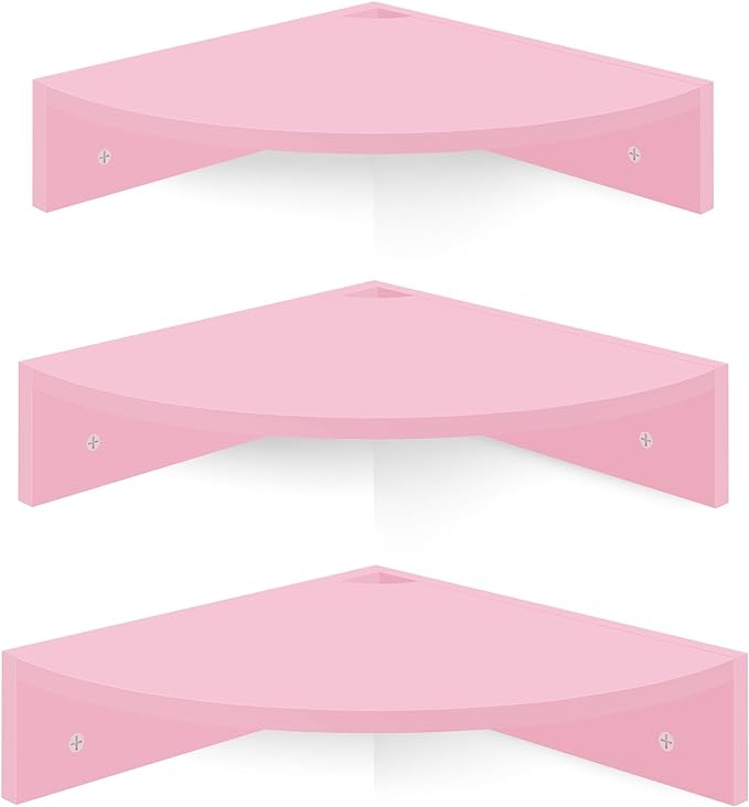 Homode Corner Shelf Wall Mount, Set of 3 Corner Floating Shelves with Cable Hole, 3 Tier Wood Corner Hanging Shelves, Living Room Bedroom Bathroom, Pink