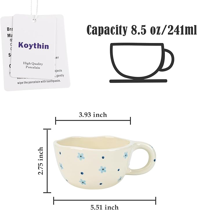 Koythin Ceramic Coffee Mug, Handmade Hot Chocolate Mugs, Cute Cup for Girl Women, Aesthetic Tea Milk Cup with Handle, 8.5 oz/250 ml for Latte, Cocoa, Office, Home (Dot Blue Flower)