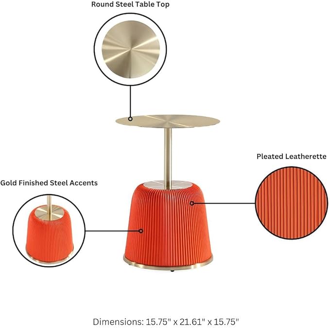 Manhattan Comfort Anderson Modern 15.75" Round End Tables 1.0 - Elegant Leatherette Upholstered Base with Pleated Design & Gold Steel Tabletop, Fully Assembled Accent Furniture, Set of 1, Orange
