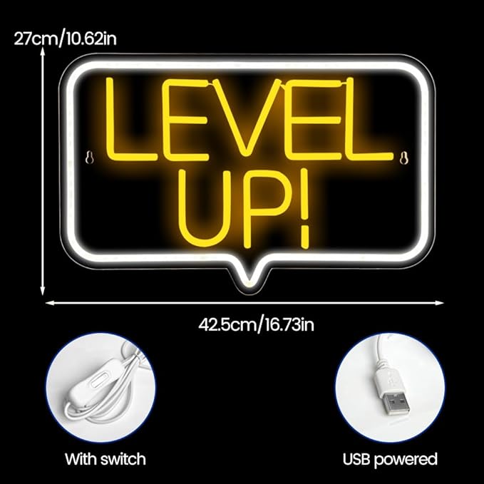 Level Up Neon Sign,Gaming Neon Light for Teens Room Decor, Arcade Games Victory Light Up Signs for Gamer Room Decor,for Teens, Boys, Kids Gamer Gifts(16.73x10.62 inches)