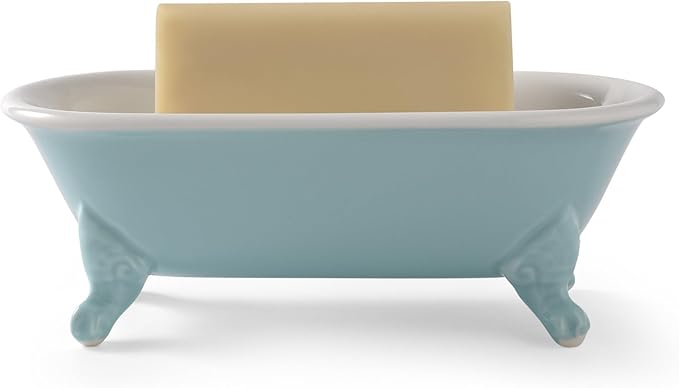 6.5" Ceramic Mini Decorative Clawfoot Bathtub Bar Soap Dish, Kitchen Sponge Holder and Shower Tray for Bathroom, 1 Pack(Baby Blue)