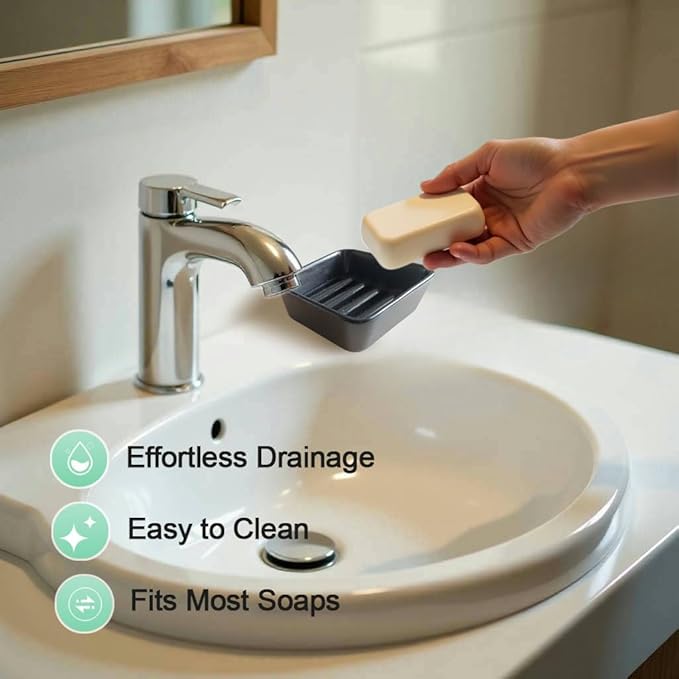 Ceramic Soap Dish with Drainer, Square Soap Holder for Bathroom, Shower, Kitchen Sink - Soapbox Saver Tray Dr. Squatch Bar Container Keeps Dry, Easy to Clean, Compact & Stylish (1, Black)