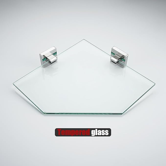 JQK Corner Glass Shelf, Polished Chrome Bathroom 304 Stainless Steel Shower Triangle Floating Wall Shelf, 10 x 10 Tempered Glass, 2 Pack, TGS290L10-CH-P2