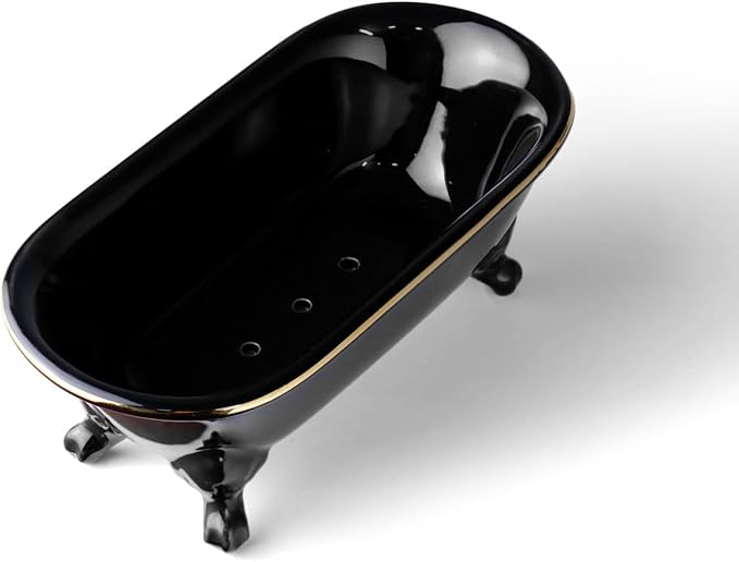 6.5" Ceramic Mini Decorative Clawfoot Bathtub Bar Soap Dish, Kitchen Sponge Holder and Shower Tray for Bathroom, 1 Pack (Black Gold Rim)