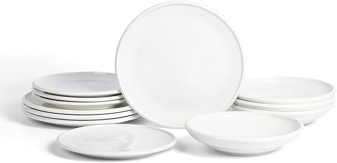 Earth & Clay Harmony 12-Piece Dinnerware Stoneware, Plates and Bowls Set, Includes Dinner and Salad Plates, Cereal Bowls, Dishwasher and Microwave Safe, Dish Set for 4, White