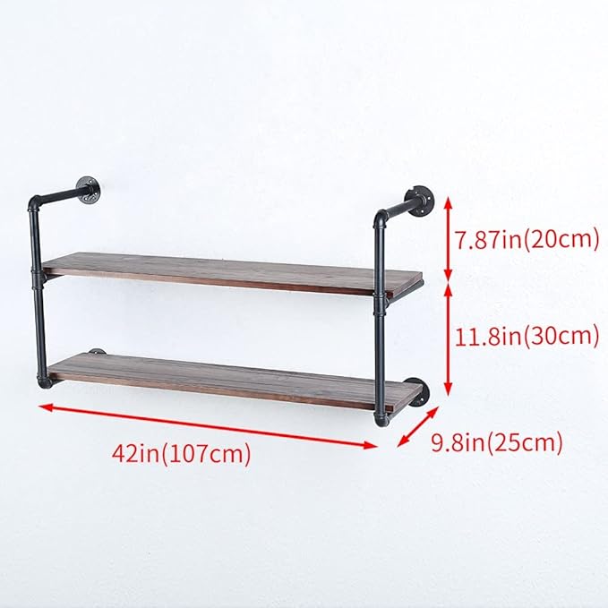 Industrial Pipe Shelving Wall Mounted,42in Rustic Metal Floating Shelves,Steampunk Real Wood Book Shelves,Wall Shelf Unit Bookshelf Hanging Wall Shelves,Farmhouse Kitchen Bar Shelving(2 Tier)