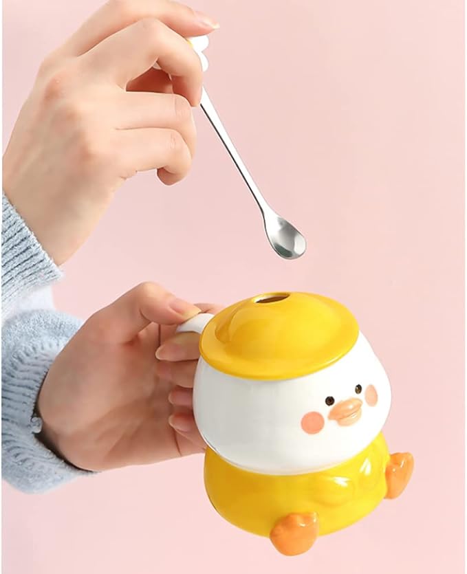 Cute 3D Duck Coffee Mug,Funny Duck Ceramic Coffee Cup with Hat Lid and Lovely Flower Spoon,White Elephant Gifts for Adult Women Men Friends Gag Gifts Christmas Birthday Gifts for Women Girls