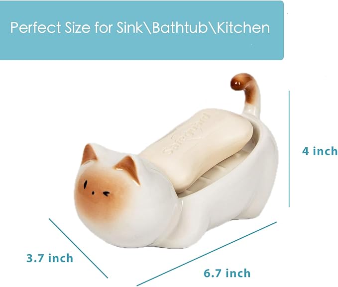 Bar Soap Holder, Cute Ceramic Cat Soap Dish - Self Draining - Small Shower Bar Soap Holder for Soap Bar Holder for Shower, Dish Soap Holder, Soap Dish for Shower (White)