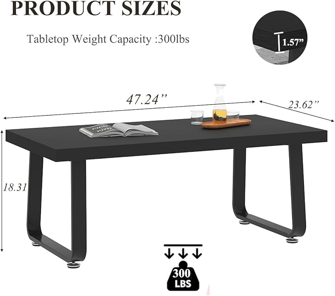 HSH Black Coffee Table, Industrial Wood and Metal Legs Center Table, Modern Minimalist Rectangle Cocktail Table for Living Room, Farmhouse Wooden Tea Table for Bedroom Home Office, Black Oak, 47 Inch