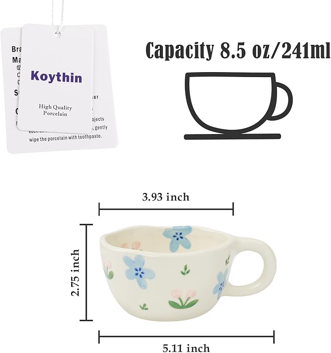 Koythin Ceramic Coffee Mug, Handmade Hot Chocolate Mugs, Cute Cup for Girl Women, Aesthetic Tea Milk Cup with Handle, 8.5 oz/250 ml for Latte, Cocoa, Office, Home (Blue Tulip Flowers)