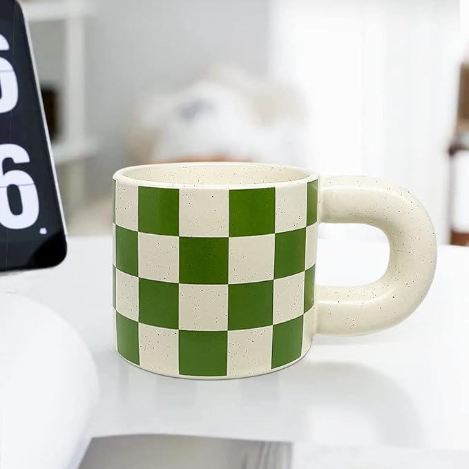 Ceramic Coffee Mug,Tea Cup with Porcelain Fat Round Handle,Dishwasher&Microwave Safe Mug to Decorate,12 oz, Modern,Simplicity Unique Style For Any Kitchen. (Green white grid)