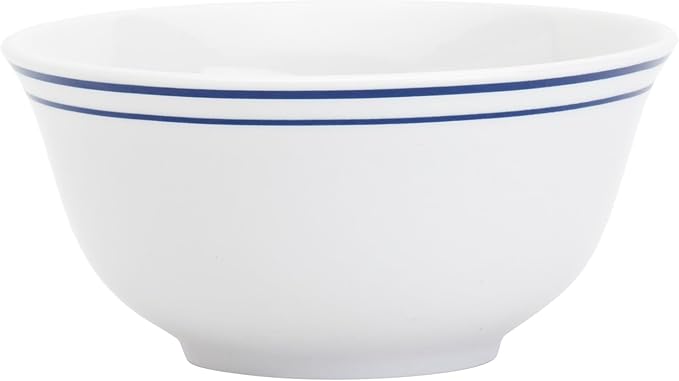 Tabletops Gallery 12-Piece White with Blue Striped Ceramic Dinnerware Set of Kitchen Dishes, Scalloped Dinner Salad Plates Cereal Bowls, Service for 4, Vintage Stripe