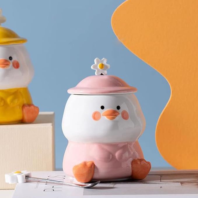 Cute 3D Duck Coffee Mug,Funny Duck Ceramic Coffee Cup with Hat Lid and Lovely Flower Spoon,Suit for mug warmer,Novelty Morning Mug Christmas Birthday Present for Office Friends Women Girls