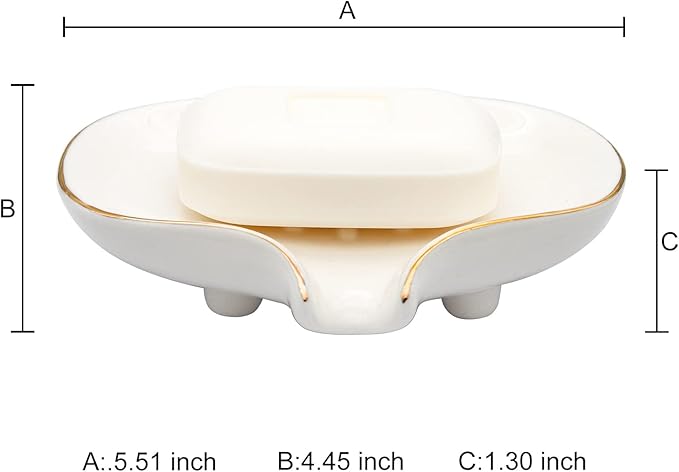 White Soap Dish Ceramic Self Draining Soap Dish Waterfall Slot Gold Edge Bathroom Accessories for Bathroom, Kitchen,Bar Counter