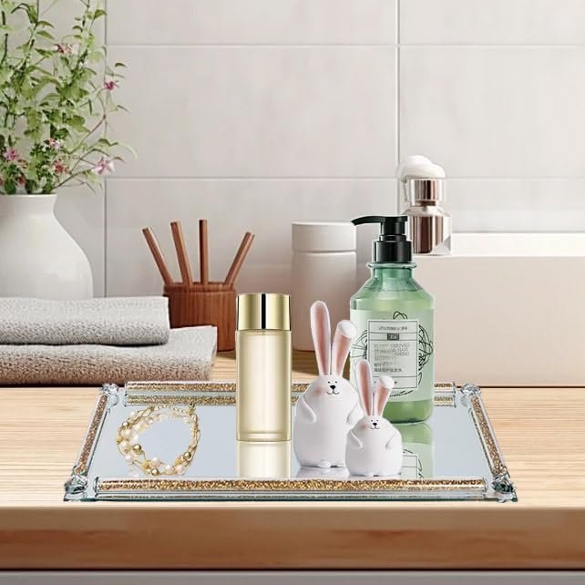Crystal Diamond Tray, 13.8" x 5.9" Mirror Perfume Tray for Vanity Gold Crystal Jewelry Trinket Cosmetic Makeup Display Serving Trays for Dresser Crushed Diamond Home Decor