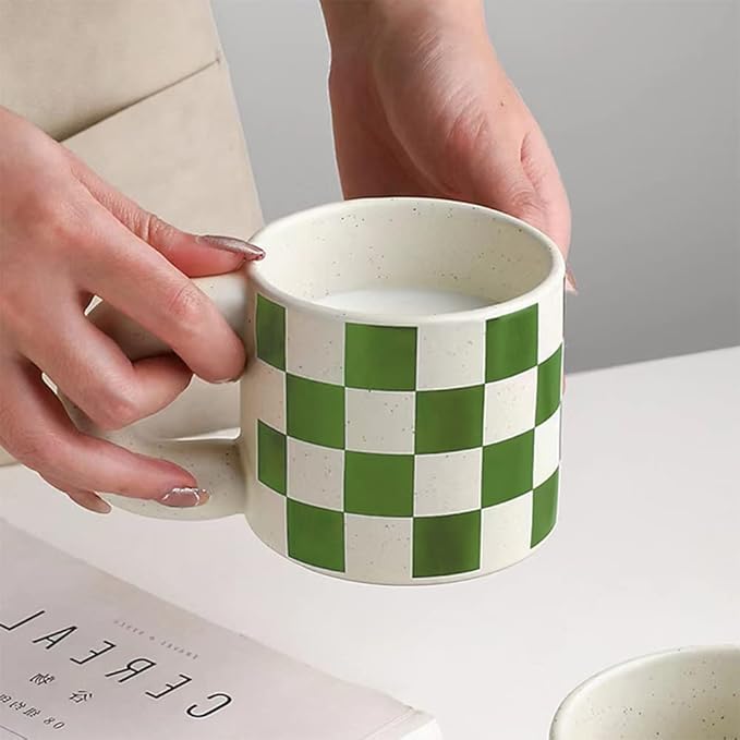 Ceramic Coffee Mug,Tea Cup with Porcelain Fat Round Handle,Dishwasher&Microwave Safe Mug to Decorate,12 oz, Modern,Simplicity Unique Style For Any Kitchen. (Green white grid)