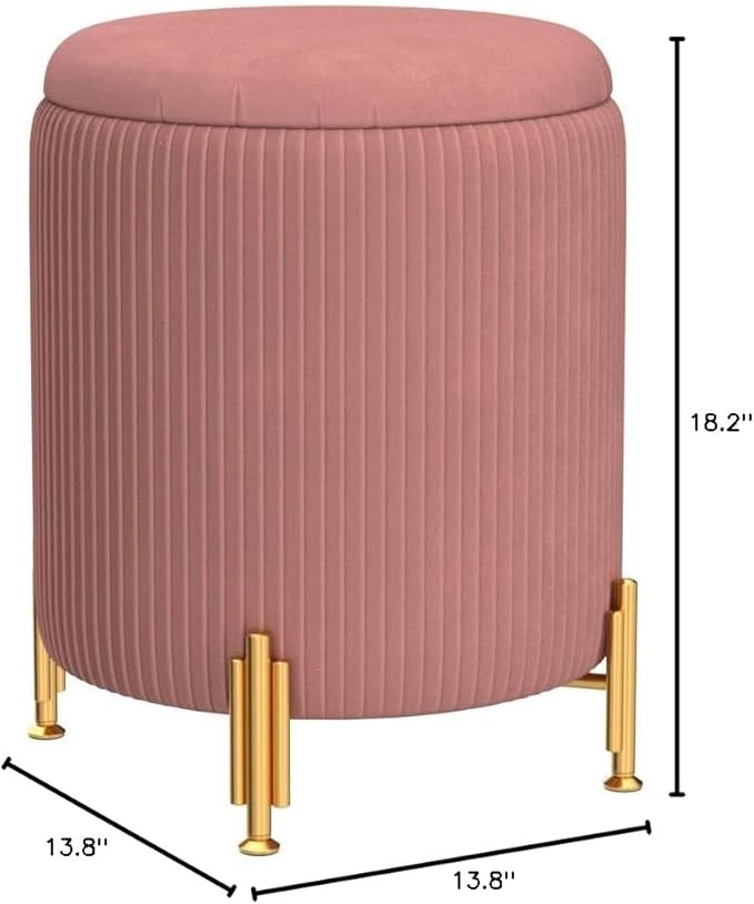Mxfurhawa Round Ottoman Foot Stool with Storage and Metal Legs for Living Room Bedroom, Velvet Upholstered Footrest Stool Support 300lbs Modern Padded Seat Ottoman Coffee Table (Dusty Rose)