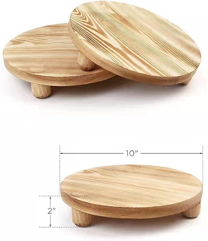 Wood Riser for Decor, 2 Pack Wood Pedestal Stand for Display, Round Wooden Tray for Kitchen Counter, Wooden Pedestal Stand for Plant Pot Indoor