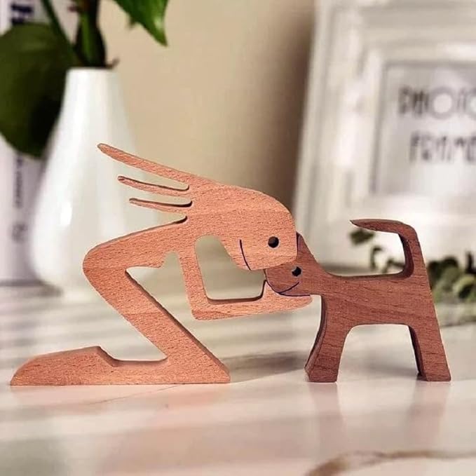 Handmade Wooden Unique Gift for Dog Lover, Wooden Woman and Dog Carving Statue, Wood Sculpture Home Office Tabletop Figurine Carved Wood Decor (E)