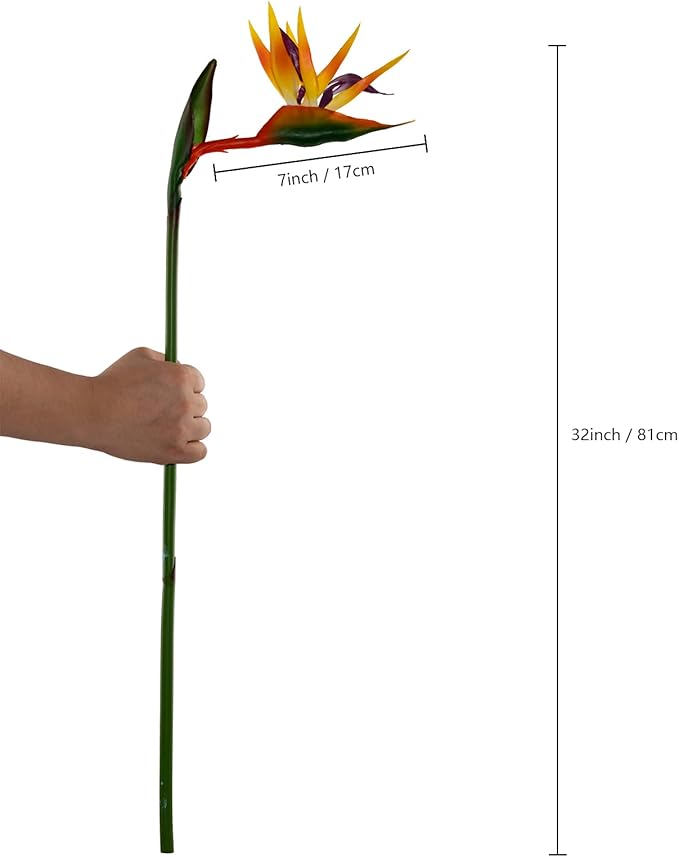 Bird of Paradise Artificial Flowers Rubber Strelitzia 32'in Long Stem Flower 3 Pcs,Suitable for DIY Home Decoration Party Theme Display (Orange red)
