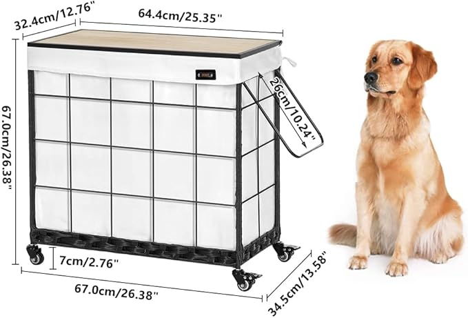 Laundry Hamper with Heavy Duty Caster Wheels; 3 Sections Clothes Hamper with Lid; 132L Laundry Basket with Removable Liner Bag; Laundry Sorter with Metal Handle (White)