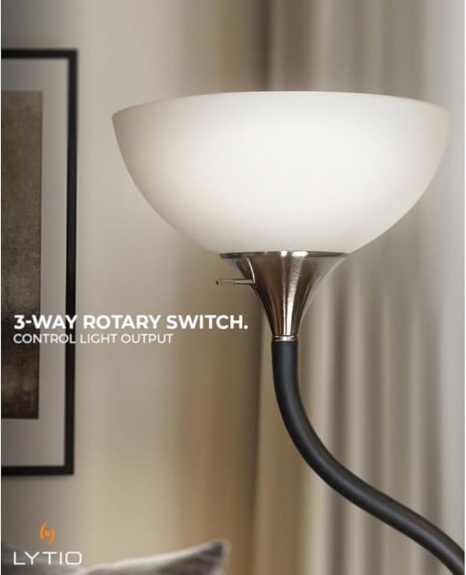 LYTIO Floor Lamps for Living Room, 71-Inch, 150W Incandescent Shade Cup for Warm Light, 3-Way Rotary Switch for Ease of Use, Satin Nickel Base