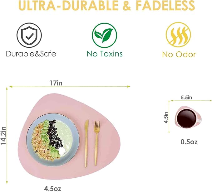 GIVERARE Placemats Set of 4 Coasters and 4 Faux Leather Place mats, Heat-Resistant Placemat 17x14.2in, Premium Non-Slip Washable Round PU Dinning Table Mat-Pink