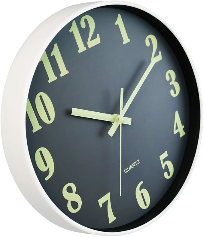 JoFomp Glow in The Dark Clock, 12 Inch Modern Silent Non Ticking Wall Clocks Battery Operated, Night Light Wall Clock for Living Room Decor, Wall Clock Decorative for Kitchen Bedroom (Grey)