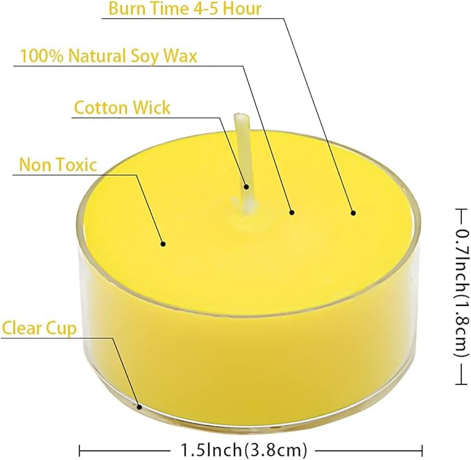 DEYBBY Aromatherapy Soy Wax Tea Candle, Lemon Scented Clear Cup Summer Candles Gift for Home|4 Hour Burn Time|Smokeless& Long Lasting|Great for Bar, Dinner (Pack of 12)