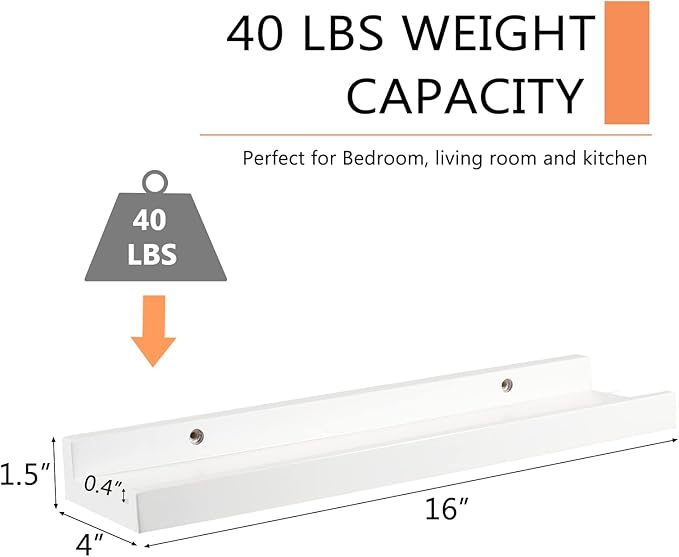 16 Inch White Floating Shelves Wall Mounted, Solid Wood Wall Shelves for Decor and Storage, Picture Ledge Shelf for Bedroom/Bathroom/Living Room/Kitchen/Laundry Room, 16 * 4 * 1.5, 2 Pack