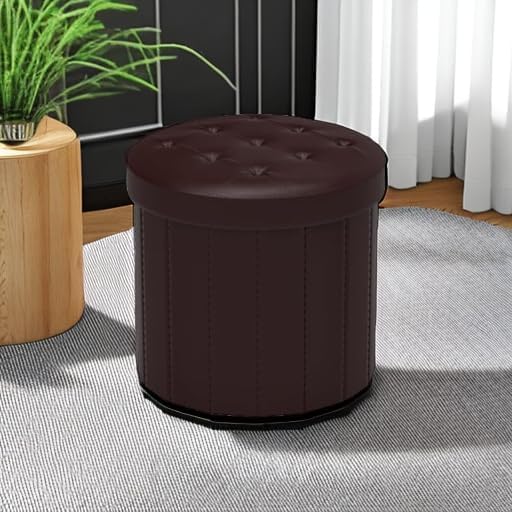 Bsketa® Folding Storage Ottoman Round 14" x 14" x 13"Inch, Foot Stool with Thicker Foam Padded Seat Small Leather Storage Ottoman Bench Foot Rest for Living Room Foldable Coffee Table,Brown