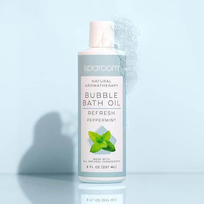 SpaRoom All Natural Hydrating and Nourishing Aromatherapy Foaming Bubble Bath Oil with Jojoba Oil, Olive Oils and Aloe, 8 oz, Refresh-Peppermint