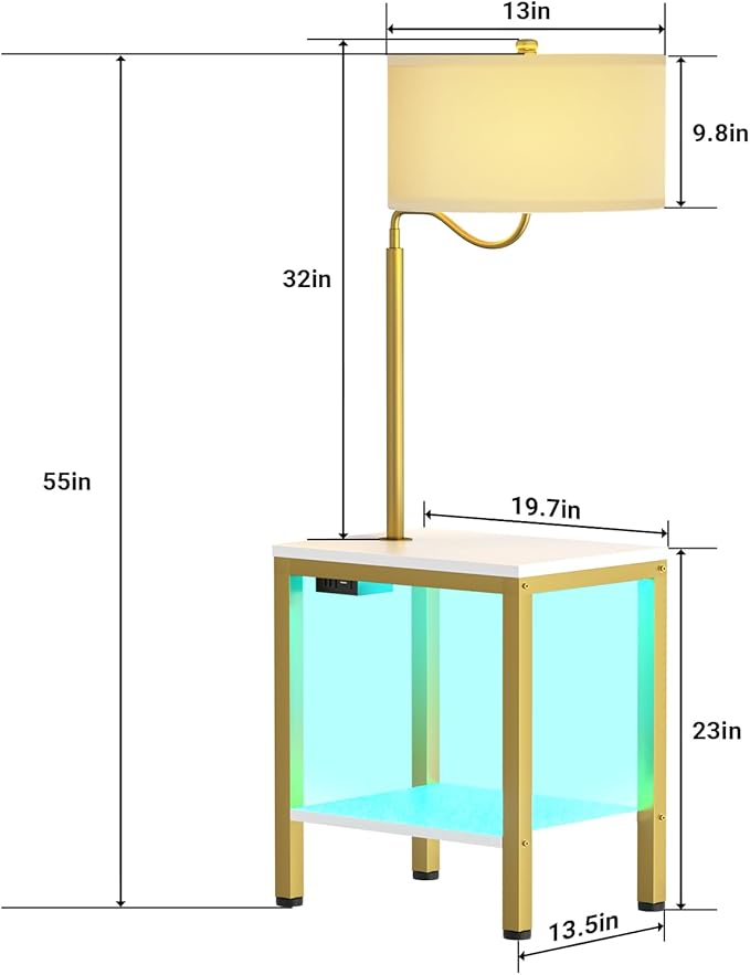 LED Floor Lamp with Table, Side Table with LED Light and Power Outlet, Nightstand with Lamp, End Table with Lamp Attached for Living Room, Bedroom, USB Ports, Bulb Included, White, 2 Pack
