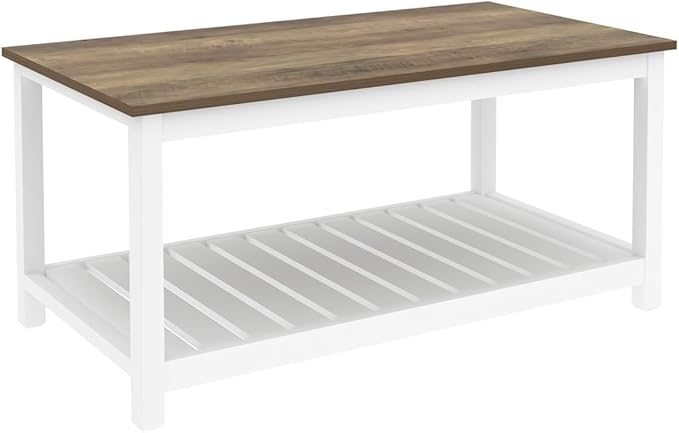 FOLUBAN Farmhouse Coffee Table with Storage Shelf, Rustic Vintage Wood Cocktail Table for Living Room, White