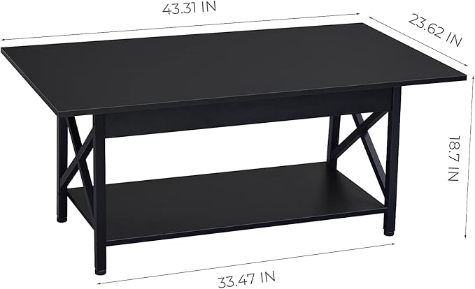GreenForest Coffee Table with Storage, 43 inch Large Modern Coffee Tables for Living Room, X-Frame Design Farmhouse Coffee Table Space Saving Living Room Tables, Easy Assembly, Black