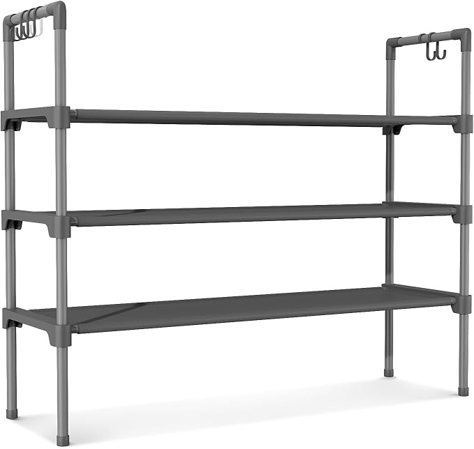 3 Tier Shoe Rack for Closet, Shoe Organizer with 5 Hooks, Long Shoe Shelf Storage for Shoe and Boot Stackable Free Standing Shoe Rack for Entryway, Garage, Small Spaces, Dorm, Grey