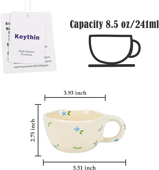 Koythin Ceramic Coffee Mug, Handmade Hot Chocolate Mugs, Cute Cup for Girl Women, Aesthetic Tea Milk Cup with Handle, 8.5 oz/250 ml for Latte, Cocoa, Office, Home (Blue Flowers)